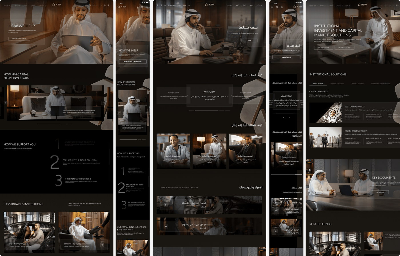 KFH Capital inner pages across desktop and mobile, English and Arabic