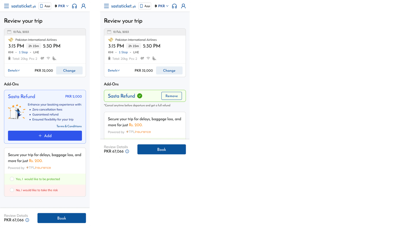 Sasta Refund addon card at checkout